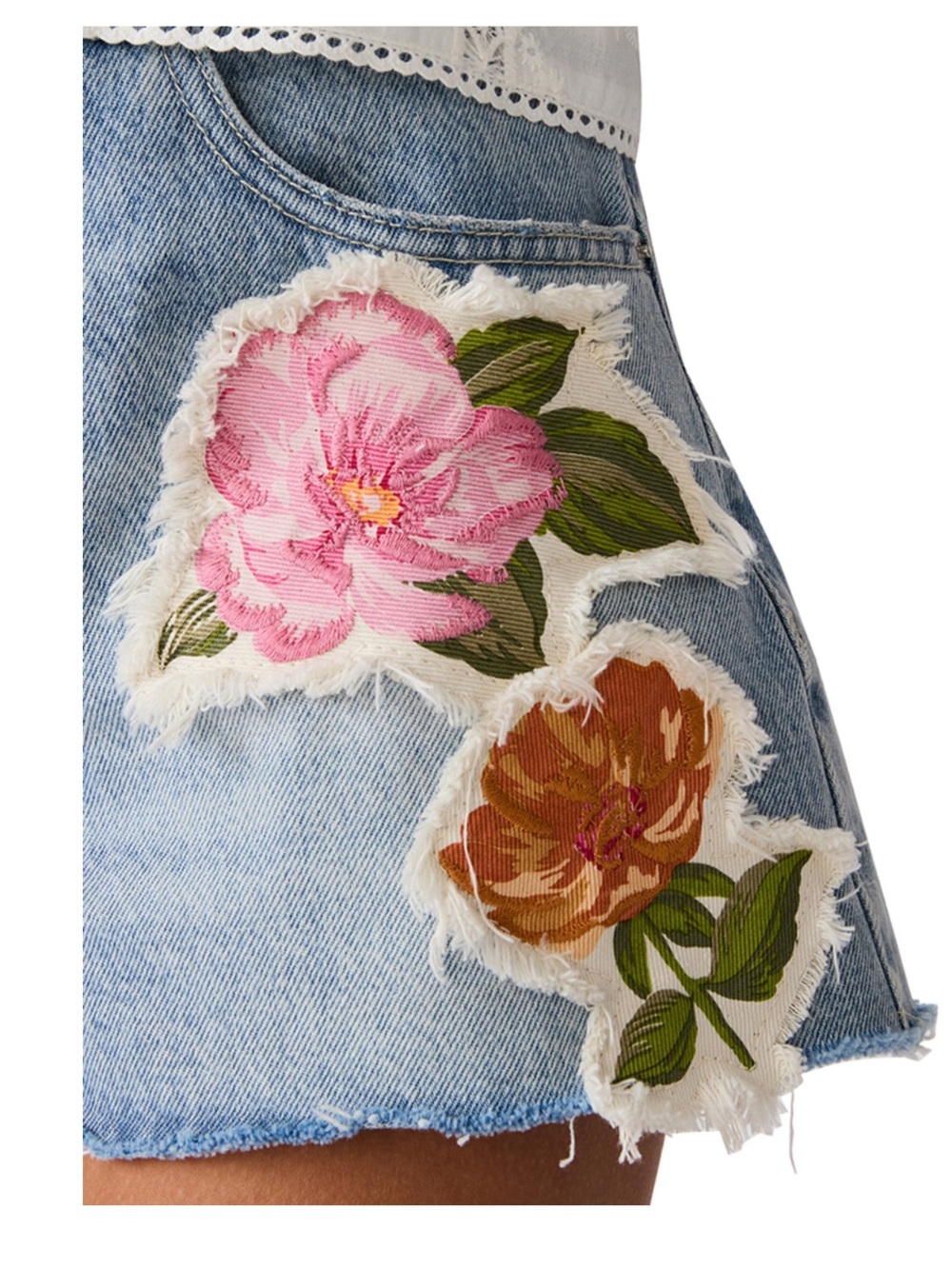 Steve Madden Light Blue Embroidered Denim Shorts with Floral Appliqué - Picture 2 of 5